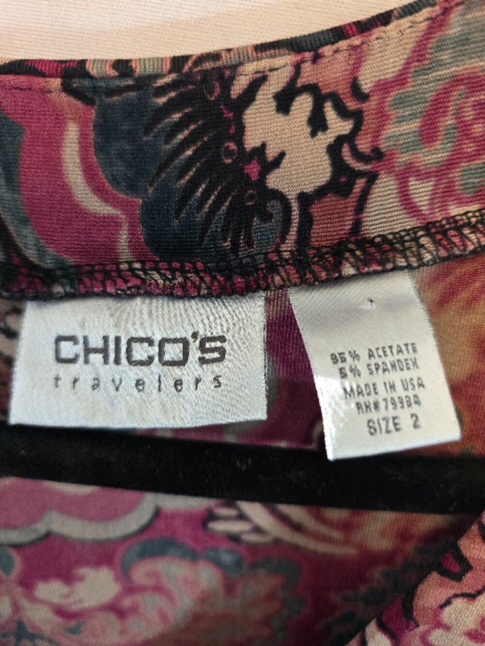 CHICOS TRAVELERS PAISLEY PRINT BURGUNDY BLACK 3/4 QUARTER SLEEVES SIZE 2 LARGE - Picture 2 of 7